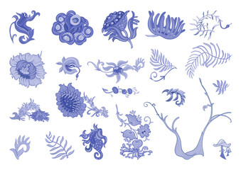 Fantasy, alien hypnotic flowers, decorative flowers and leaves. Cartoon style. Millefleurs trendy floral design. Clip art, set of elements for design Outline hand drawing vector illustration.