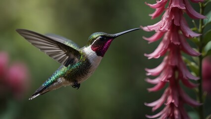 Fototapeta premium Hummingbird Hovering Near Fuchsia Flower Semi-Close Up