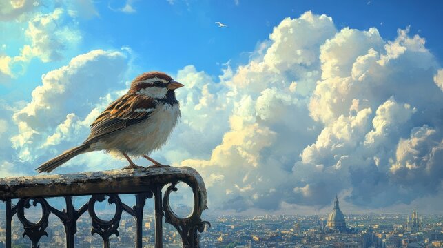 Sparrow perched on Parisian balcony, city view