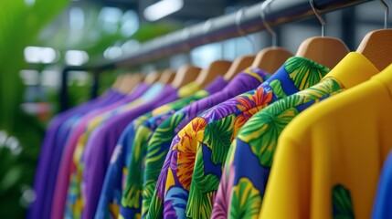 Fototapeta premium Colorful shirts with tropical floral prints hang on wooden hangers in a shop.