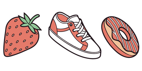 Colorful Vector Illustrations of a Strawberry, Trendy Sneakers, and Delicious Donut - Perfect for Food, Fashion, and Lifestyle Projects
