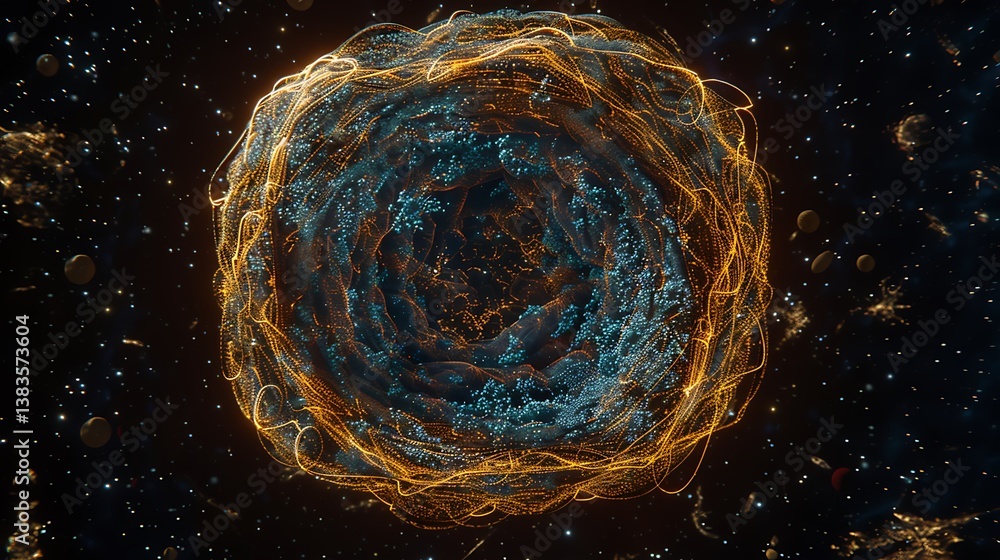 Poster a surreal cosmic structure with an animated particle effect in space