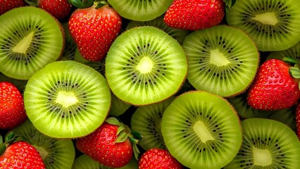 Sliced kiwis and whole strawberries arranged together, showcasing their vibrant green and red colors. Concept Fruit Arrangement, Sliced Kiwis, Whole Strawberries, Vibrant Colors