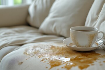 Coffee spilling from a cup onto a white sofa, creating a large stain