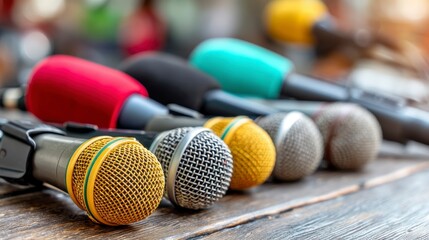 Obraz premium Close up of multiple microphones of varying colors and designs arranged on a wooden surface.