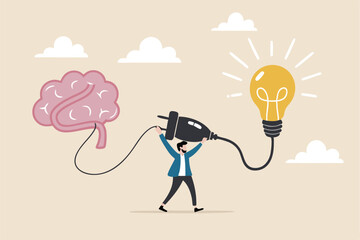 Creativity idea brainstorming, wisdom or imagination to success, connecting new idea or innovation, intelligence or solution concept, businessman connect plug with lightbulb idea to human brain.