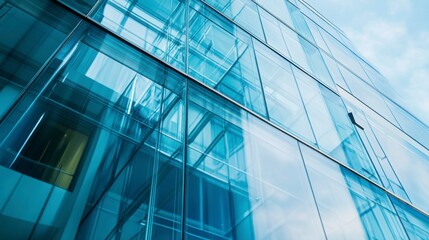 Obraz premium Modern glass building exterior reflecting blue sky.