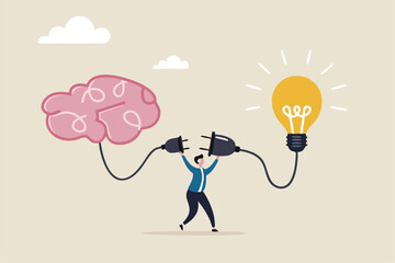 Creativity idea brainstorming, wisdom or imagination to success, connecting new idea or innovation, intelligence or solution concept, businessman connect plug with lightbulb idea to human brain.