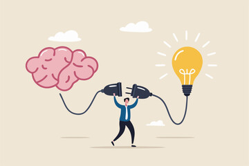 Creativity idea brainstorming, wisdom or imagination to success, connecting new idea or innovation, intelligence or solution concept, businessman connect plug with lightbulb idea to human brain.