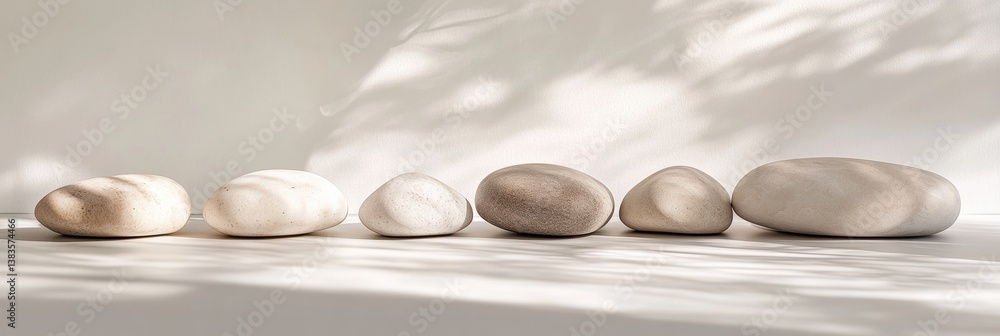Poster minimalist arrangement of smooth river stones on a white surface under soft lighting for a neutral a
