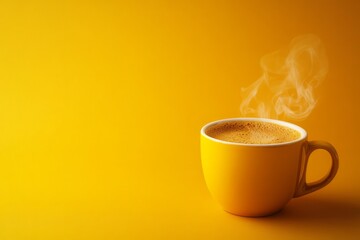 Yellow cup of hot coffee is steaming against a vibrant yellow background