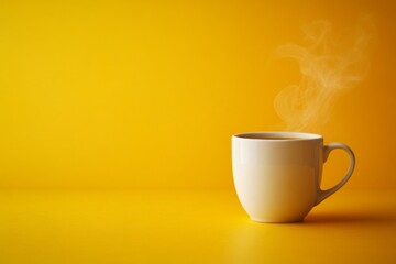 White ceramic coffee cup with steam rising on a bright yellow backdrop, offering ample copy space for text or design elements
