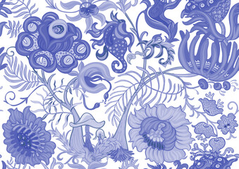 Fantasy, alien hypnotic flowers, decorative flowers and leaves. Cartoon style. Millefleurs trendy floral design. Seamless pattern, background. Outline hand drawing vector illustration.