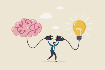 Creativity idea brainstorming, wisdom or imagination to success, connecting new idea or innovation, intelligence or solution concept, businessman connect plug with lightbulb idea to human brain.