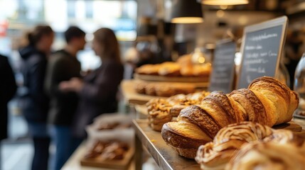 Bakery pastries display, city cafe, customers blurred background, food photography
