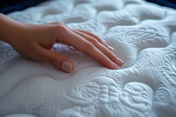 Female hand touching surface of orthopedic mattress, buying comfortable mattress in furniture store