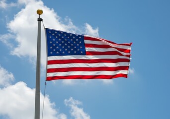 Fototapeta premium The American flag proudly waves against a vibrant blue sky, a symbol of freedom and patriotism on a bright sunny day.