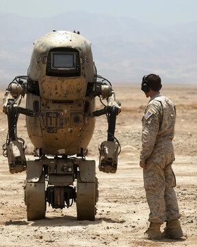 An EOD technician with a high tech bomb disposal robot assisting in a mission, outdoors in a military zone