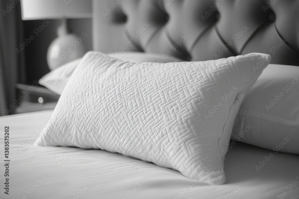 Aufkleber white cushions are laying on a comfortable bed with a patterned headboard, creating a relaxing and i