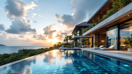 Fototapeta premium Elegant Spring Chalet at sunset with a stunning pool