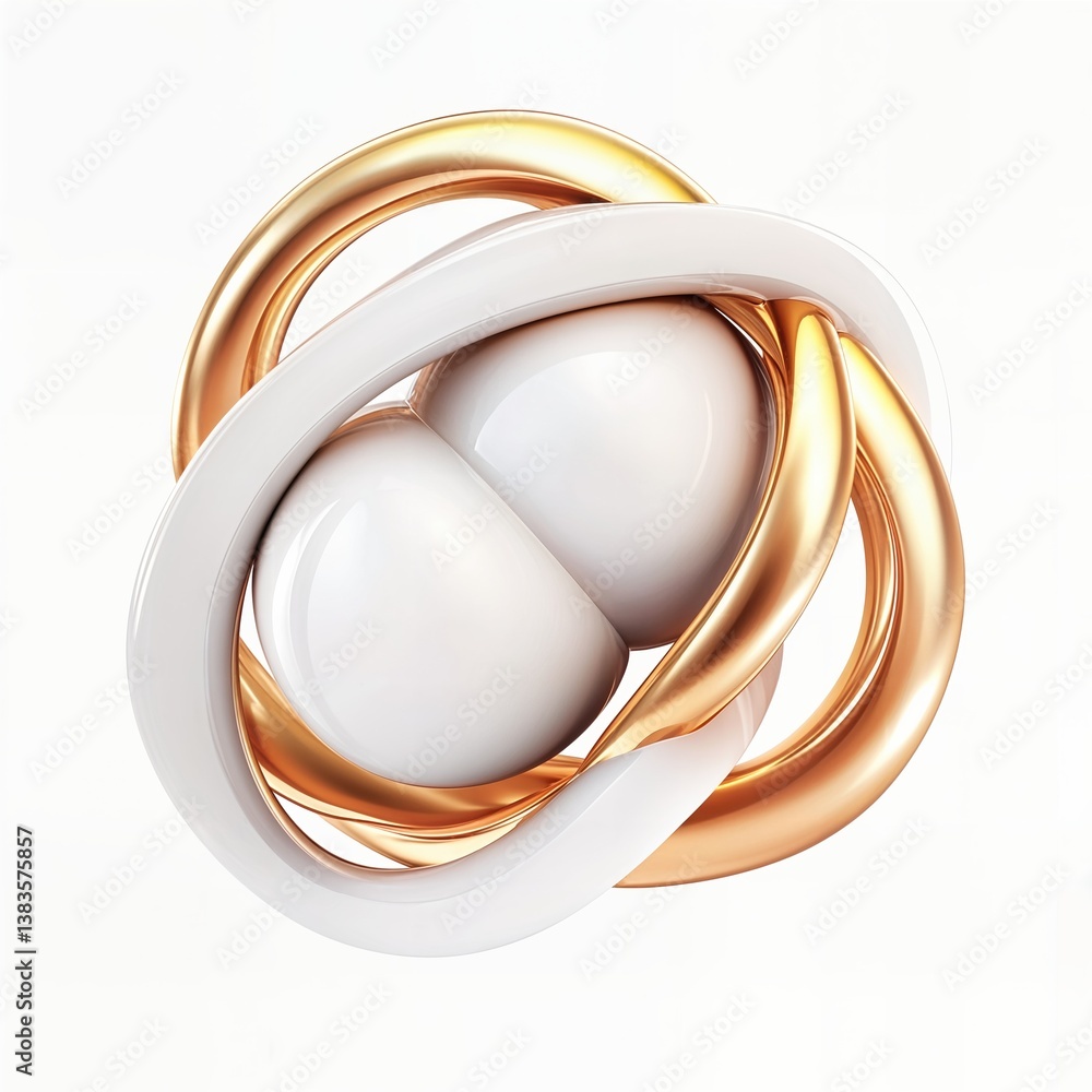 Poster abstract 3d composition with intertwined gold and white loops encasing glossy core shapes. ideal for