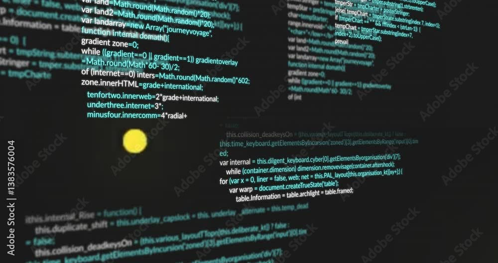 Poster animation of computer code with floating yellow dot, suggesting data processing