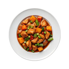 adobo chicken stir fry with vegetables and sauce, served in white bowl, showcasing vibrant colors and textures