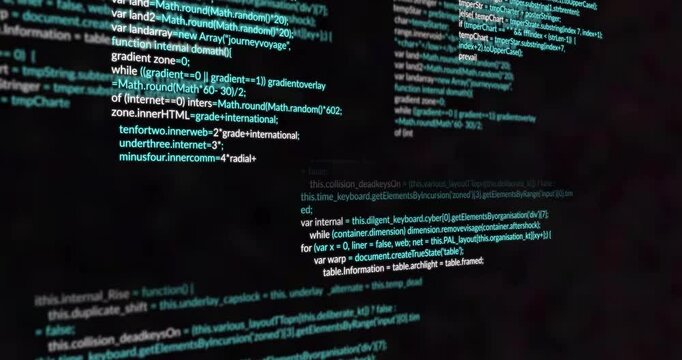Computer screen displaying animation of code with math functions and variables