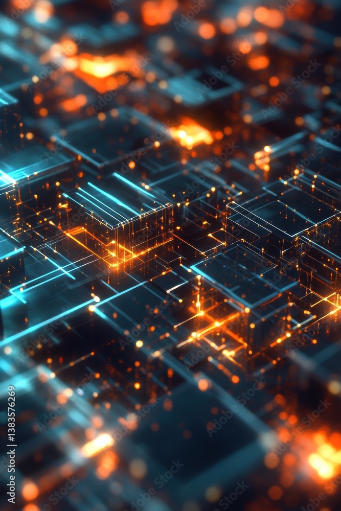 Poster dynamic data visualization abstract interlocking blocks of light in a futuristic digital landscape