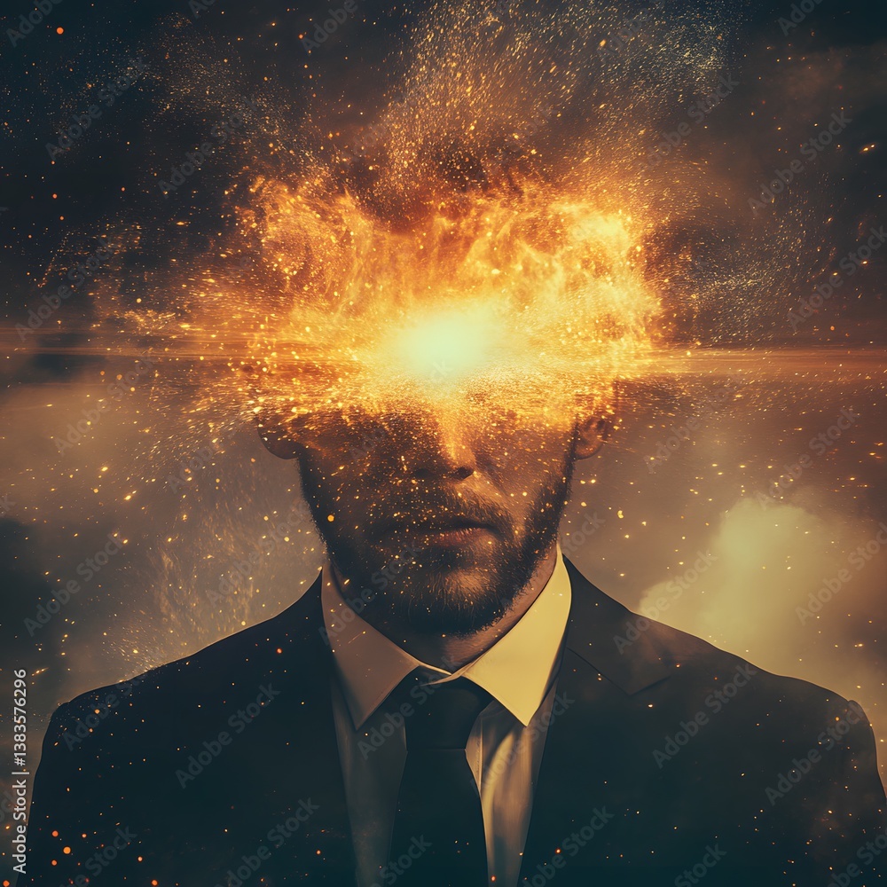 Poster man in suit with explosive thoughts and creative mindset concept