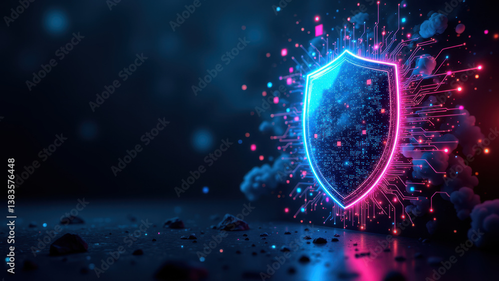 Poster a vibrant, futuristic depiction of a shield with digital elements surrounding it on a dark backgroun