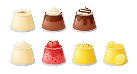 Various Dessert Cups with Fruit Toppings on White Background