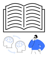 Open book above two connected brains and a thinking person. Ideal for education, learning, knowledge transfer, teaching, creativity, research, flat simple metaphor
