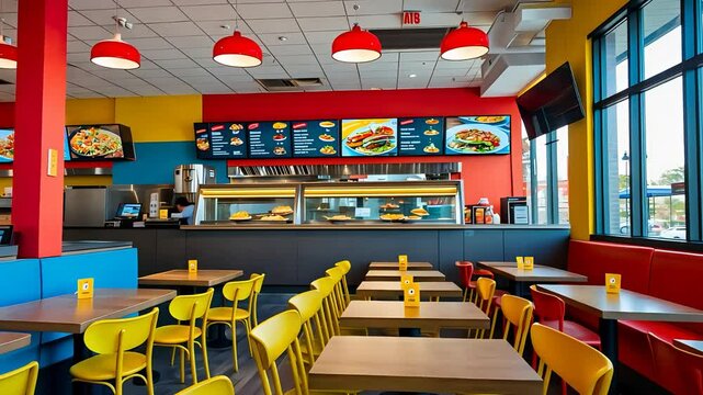 Colorful fast food restaurant interior with red yellow chairs, blue booths, menu boards, bright lighting, modern dining space, casual atmosphere