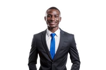 Portrait of a handsome African businessman in suit and tie, isolated on transparent background