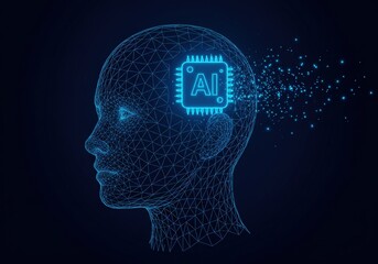 Obraz premium Conceptual image of artificial intelligence, a wireframe head with an AI chip, and blue dots.