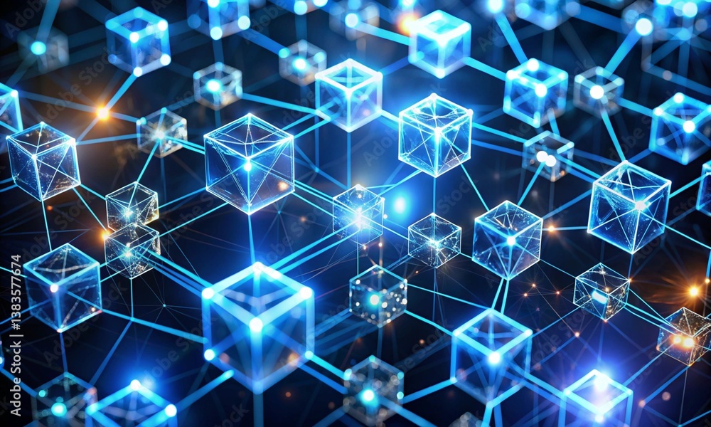 Poster 3d illustration of blockchain nodes interconnected, glowing effect, futuristic tech
