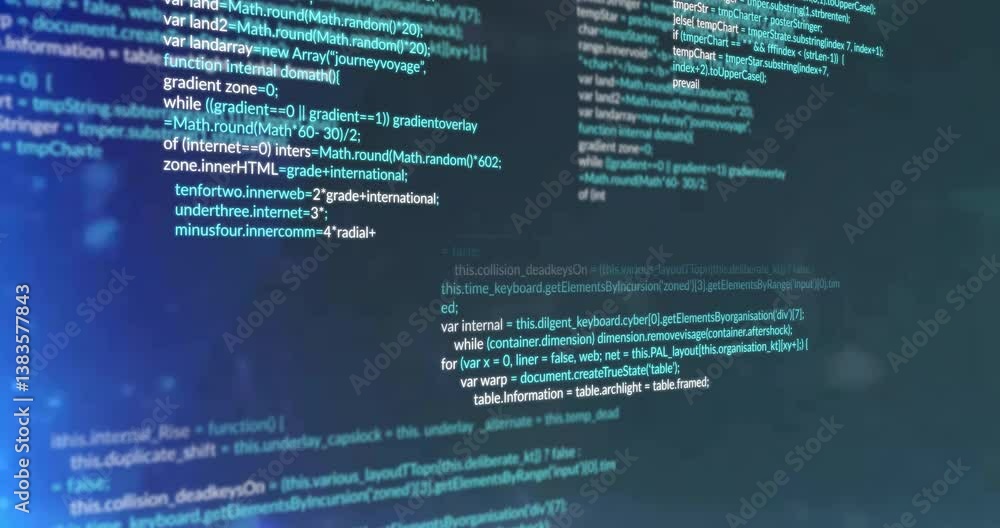 Poster animation of computer code with blue and green text on dark background