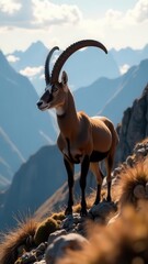 Obraz premium A breathtaking ibex stands atop a rocky outcrop gazing into the distance as the sun sets behind the mountains. Its impressive horns cast shadows on the rugged terrain.