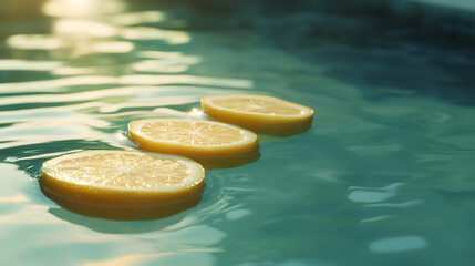 Floating lemon slices in tranquil water summer vibes refreshing beverage poolside relaxation close-up view natural beauty