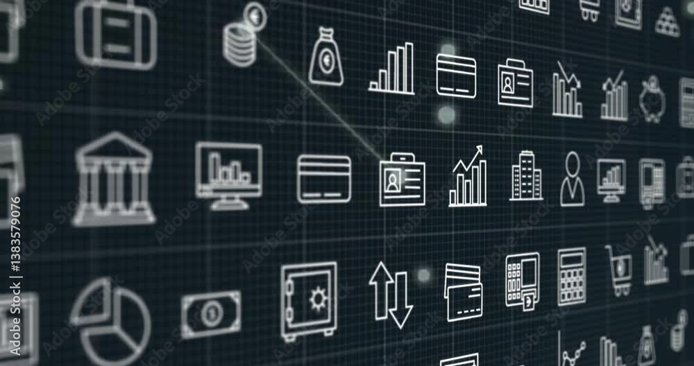 Poster Displaying financial icons and graphs on digital grid with animation elements