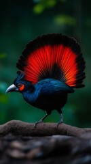 Obraz premium Magnificent bird with vibrant plumage perches in a lush forest scene.