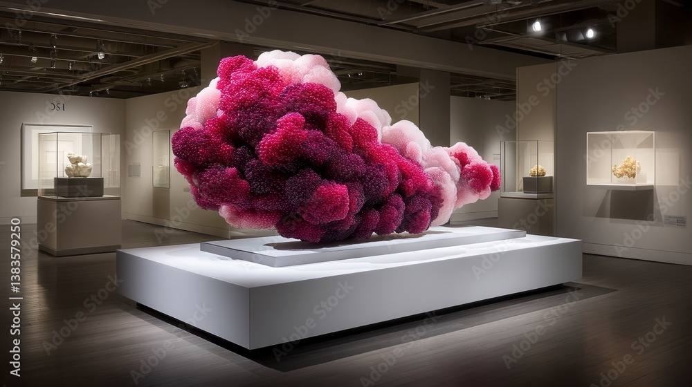 Poster large pink and red crystal cluster displayed on a white platform in a modern gallery setting.