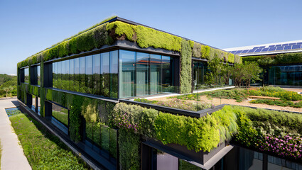 Obraz premium A stunning modern building embraces nature with vibrant green walls and rooftop gardens, under a blue sky.