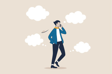 Too many thinking ideas, overwhelmed issues or busy problems to be solved, contemplative solutions for trouble, concerned or anxiety concept, businessman thinking with many thinking bubbles.