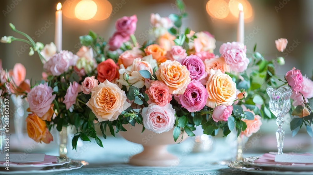 Poster a stunning display of soft-hued roses and greenery on a beautifully set table, softly lit by candlel