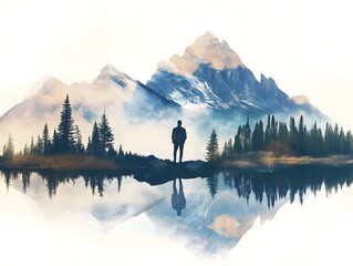 Serene Landscape with Mountain Reflection and Silhouette of Hiker
