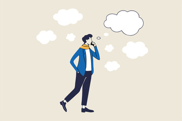 Too many thinking ideas, overwhelmed issues or busy problems to be solved, contemplative solutions for trouble, concerned or anxiety concept, businessman thinking with many thinking bubbles.