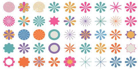 Geometric Flowers And Circles Retro Style Pattern Colorful Illustration Flat Design
