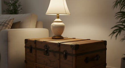 Vintage Trunk Used as a Side Table With Lamp Interior Arrangement